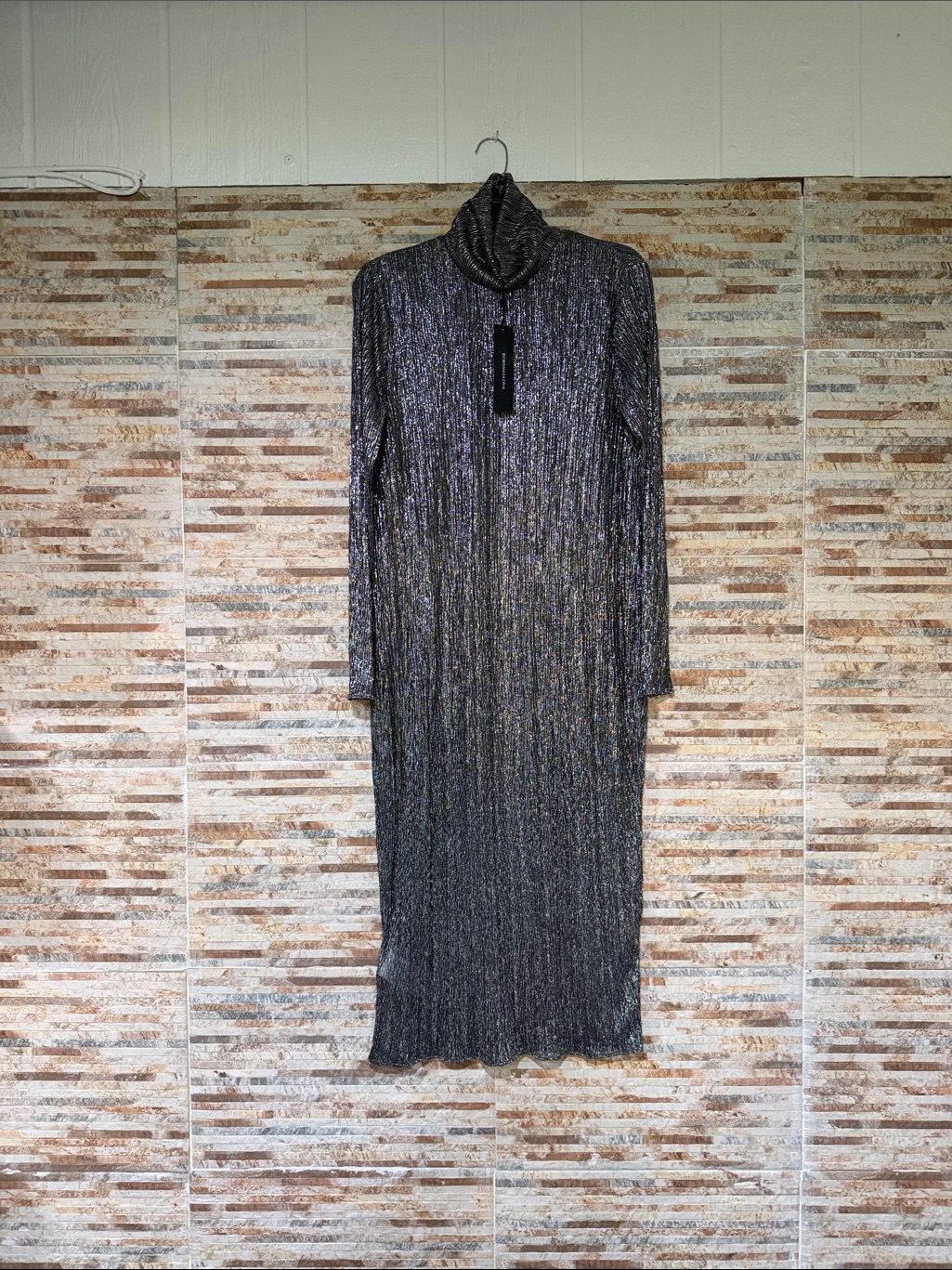Bcbgmaxazria Silver Metallic Long Sleeve Turtleneck Midi Dress